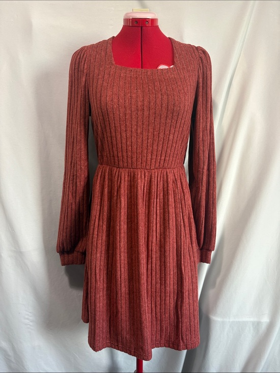 None Dresses & Skirts - Long Sleeve Ribbed Knit Dress - Rust Red